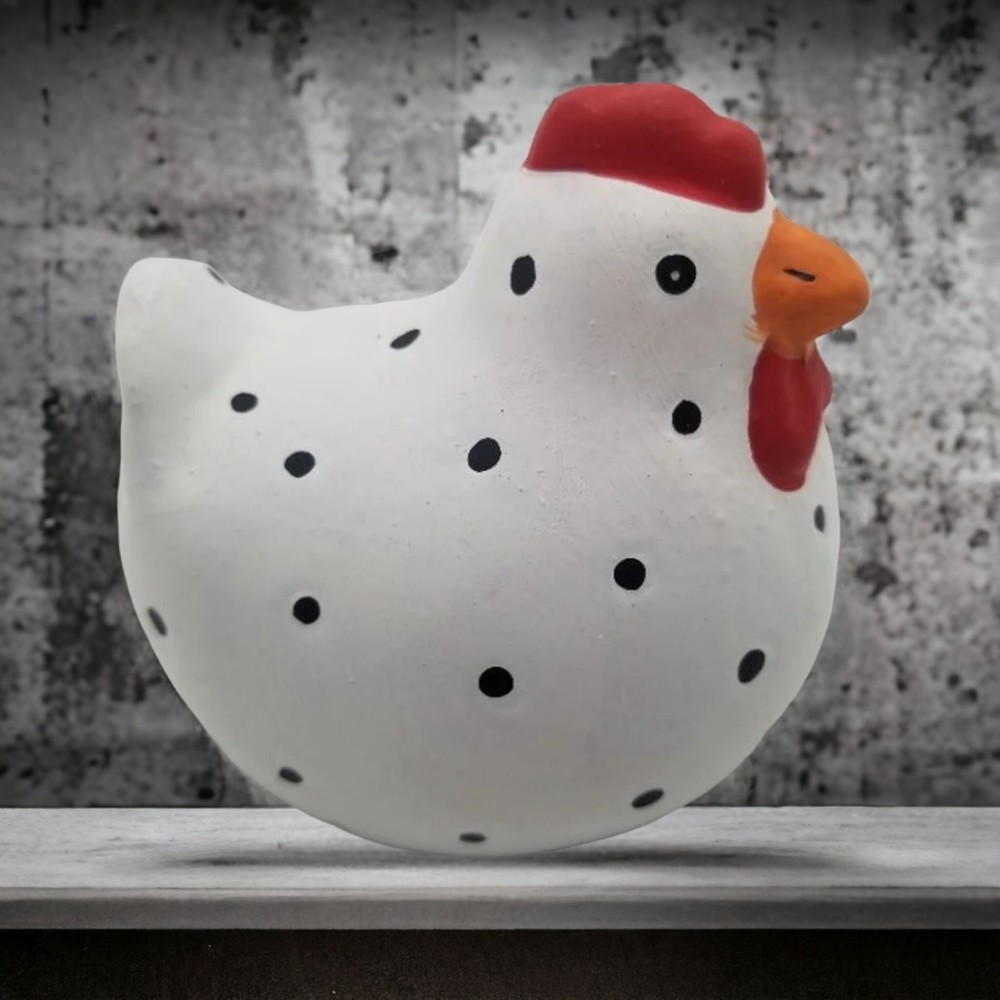 Ceramic Chicken Hen Figurine White with Black Dots Farmhouse Decorative